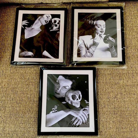 3 Black & White Halloween Art Print Set Vampira w skull, Bride of Frankenstein - Picture 1 of 16